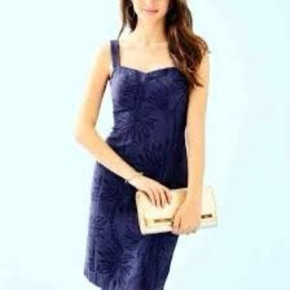 Lilly Pulitzer Women Size 10 Annalee Stretch Dress Navy Blue Palm Paradise Print